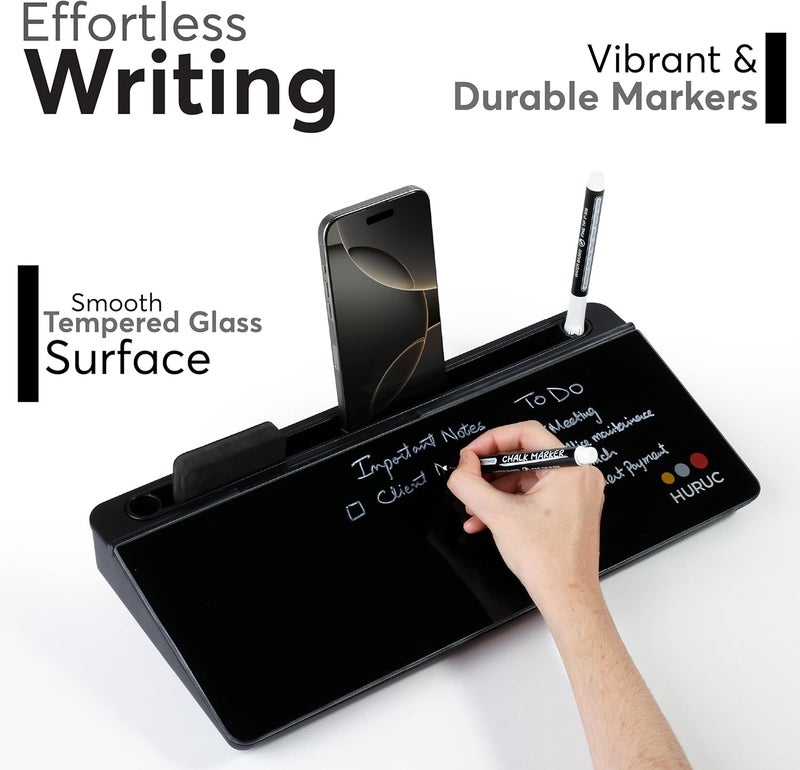 HURUC Small Glass Desktop Whiteboard with Storage,15.3"x7.08"x2.16" inch Desktop Dry Erase Board with Markers & Duster, Desk White Board Buddy Organizer for Home, Office, School (Black) - Image 2